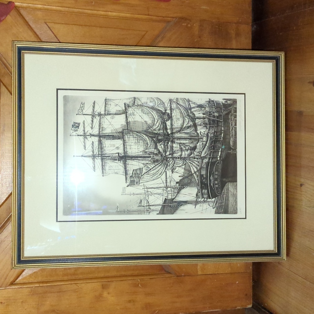 Vintage 1976 Signed Alan Jay Gaines Etching Ship Framed Art 21 6/8" x 27 2/8"